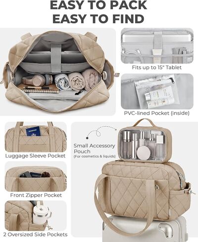 Percover Weekender Bag for Women, Ultra Lightweight Travel Duffle, Carry On Personal Item Overnight Bag with Toiletry Pouch & Compartments, Quilted Gym & Travel Bag, Camel Tan in Kuwait