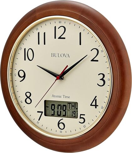 Bulova Clocks C5006 Dual Time 12.5" Atomic Wall Clock – Solid Pine Wood Case, Gold Bezel, Convex Glass, Radio-Controlled Time, LCD Second Time Zone/Temperature Display in Kuwait