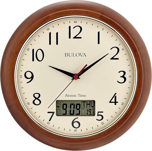Bulova Clocks C5006 Dual Time 12.5" Atomic Wall Clock – Solid Pine Wood Case, Gold Bezel, Convex Glass, Radio-Controlled Time, LCD Second Time Zone/Temperature Display in Kuwait