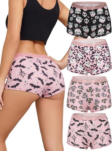 Dircho Women's Gothic Boy Short Panties 4 Pack, Spooky Cute Skull Print Mesh Boxer Briefs for Women in Kuwait