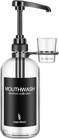 Clear Glass Mouthwash Dispenser with Black Cup Holder and Pump, 16 Oz Rustic Boho Mouthwash Dispenser for Bathroom Farmhouse Decor - 1 Pack in Kuwait