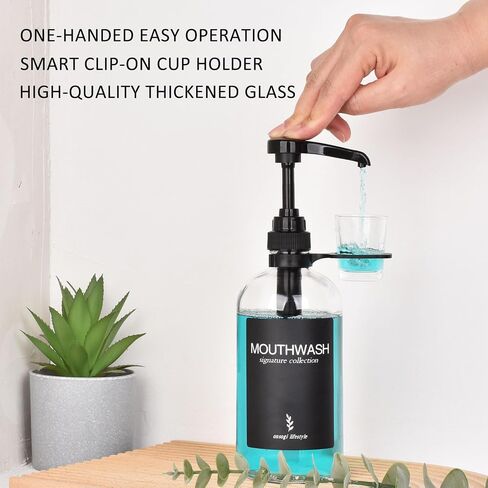 Clear Glass Mouthwash Dispenser with Black Cup Holder and Pump, 16 Oz Rustic Boho Mouthwash Dispenser for Bathroom Farmhouse Decor - 1 Pack in Kuwait