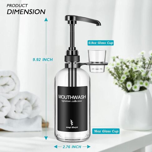 Clear Glass Mouthwash Dispenser with Black Cup Holder and Pump, 16 Oz Rustic Boho Mouthwash Dispenser for Bathroom Farmhouse Decor - 1 Pack in Kuwait