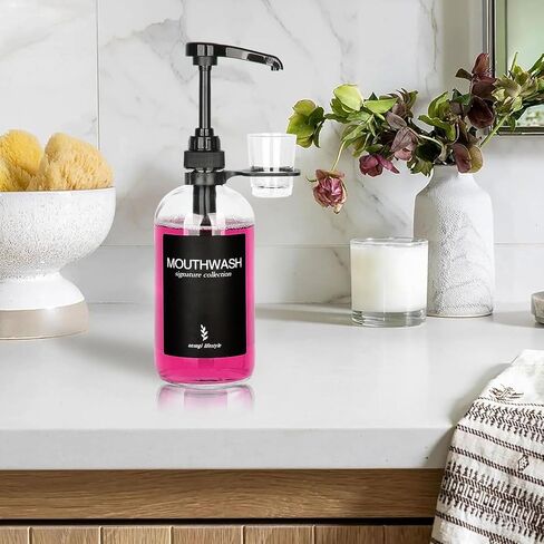 Clear Glass Mouthwash Dispenser with Black Cup Holder and Pump, 16 Oz Rustic Boho Mouthwash Dispenser for Bathroom Farmhouse Decor - 1 Pack in Kuwait