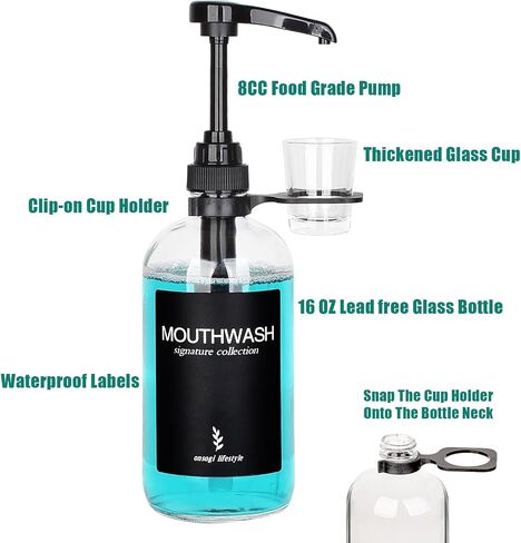 Clear Glass Mouthwash Dispenser with Black Cup Holder and Pump, 16 Oz Rustic Boho Mouthwash Dispenser for Bathroom Farmhouse Decor - 1 Pack in Kuwait