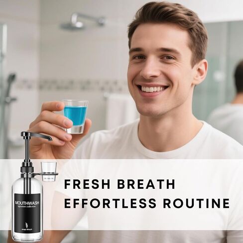 Clear Glass Mouthwash Dispenser with Black Cup Holder and Pump, 16 Oz Rustic Boho Mouthwash Dispenser for Bathroom Farmhouse Decor - 1 Pack in Kuwait