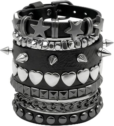 5 PCS Punk Studded Bracelets for Women Men, Rock Alternative Style Metal Rivet Wristbands, Hip Hop Edgy Jewelry Set, Aesthetic Grunge Alternative Bangle Accessories Pack Present Item in Saudi Arabia