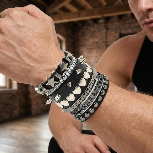 5 PCS Punk Studded Bracelets for Women Men, Rock Alternative Style Metal Rivet Wristbands, Hip Hop Edgy Jewelry Set, Aesthetic Grunge Alternative Bangle Accessories Pack Present Item in Saudi Arabia