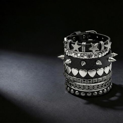 5 PCS Punk Studded Bracelets for Women Men, Rock Alternative Style Metal Rivet Wristbands, Hip Hop Edgy Jewelry Set, Aesthetic Grunge Alternative Bangle Accessories Pack Present Item in Saudi Arabia