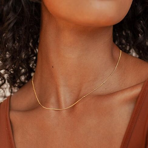 14K Gold Satellite Beaded Chain Necklace for Women, Dainty 1.5mm Ball Station Chain, 16-22 Inches, Hypoallergenic, Non-Tarnish, Cadenas de Oro 14K para Mujer in Saudi Arabia