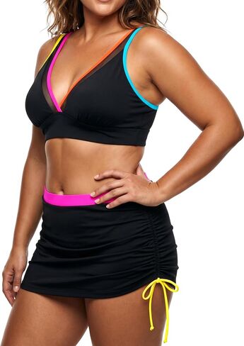 2 Piece Sets for Women Bikini Skirt, High Waisted Neon Color Block Bathing Suit, Adjustable Side Ruched Skirt in Saudi Arabia