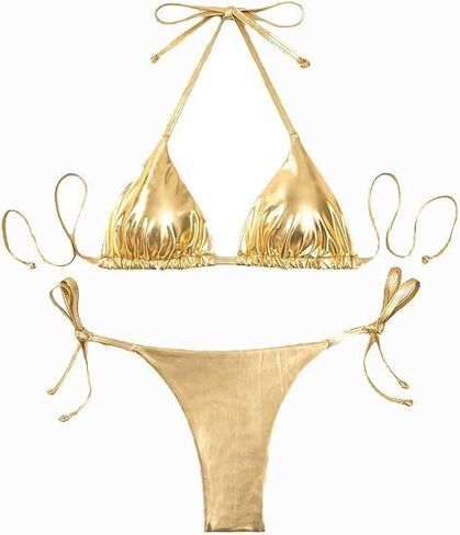 Sexy Brazilian Bikini Set Lingerie 2 Piece Metallic Swimsuit Bra Panty Set Swimwear Adjustable Straps(Gold) in Kuwait