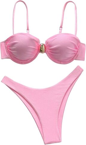 RoseSeek Women's 2 Piece Cheeky Bikini Sets Metal Decor Underwire Bra High Cut Thong Swimsuit Swimwear in Kuwait