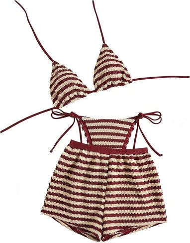 Verdusa Women's 3 Piece Striped Halter String Bikini Sets Triangle Swimsuit with Cover Up Shorts in Saudi Arabia