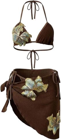 MakeMeChic Women's 3 Piece Bikini Set Floral Halter String Thong Swimsuit with Sarong Skirt in Kuwait