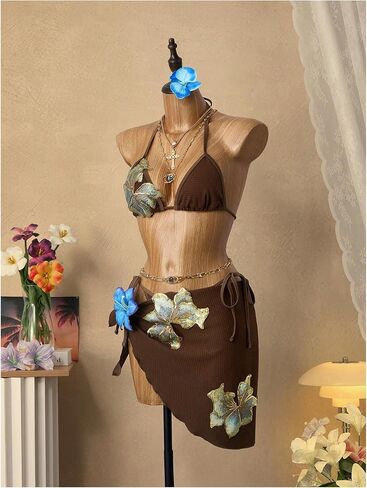 MakeMeChic Women's 3 Piece Bikini Set Floral Halter String Thong Swimsuit with Sarong Skirt in Kuwait