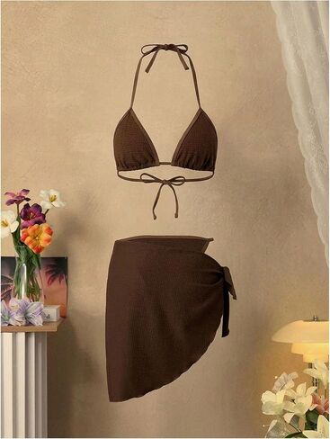 MakeMeChic Women's 3 Piece Bikini Set Floral Halter String Thong Swimsuit with Sarong Skirt in Kuwait