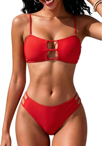 Tainehs Women's Two Piece Removable Strap Bikini Sets Lace Up Bandeau Swimsuit Cheeky Bathing Suits in Kuwait