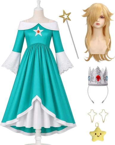 ALIZIWAY Girls Galaxy Princess Costume Teal Dress with Crown Wand Earrings, Long Bell Sleeve Outfit for Halloween Party in Kuwait