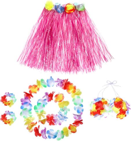 Hawaiian Hula Dancer Grass Skirt with Flower Costume Set Birthday Tropical Beach Party Decorations 40cm in Kuwait