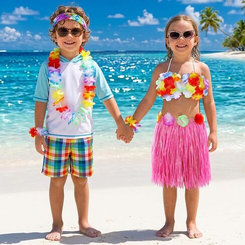 Hawaiian Hula Dancer Grass Skirt with Flower Costume Set Birthday Tropical Beach Party Decorations 40cm in Kuwait