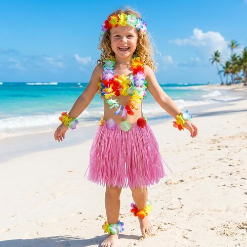 Hawaiian Hula Dancer Grass Skirt with Flower Costume Set Birthday Tropical Beach Party Decorations 40cm in Kuwait