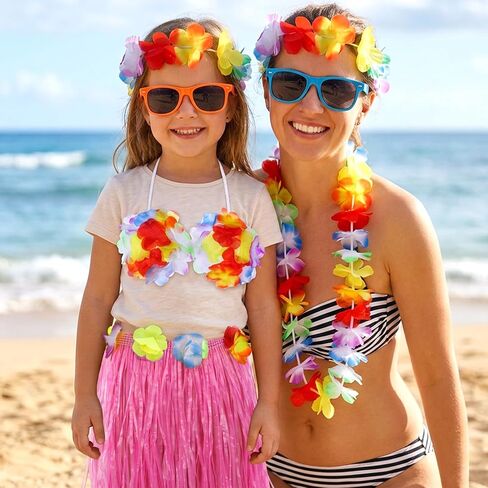 Hawaiian Hula Dancer Grass Skirt with Flower Costume Set Birthday Tropical Beach Party Decorations 40cm in Kuwait