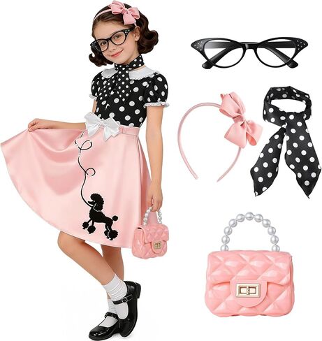 Latocos 50s Outfit Costume for Girls Kids 50s Poodle Skirt with Bag Shirt Glasses Scarf Headband Halloween Dress Up Party in Saudi Arabia