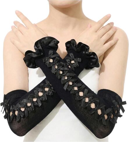 Fingerless Lace Gloves Women Gothic Bowtie Arm Sleeves Y2K for Lolita Dress Mesh Ruffles Lace Arm Sleeves For Wedding in Saudi Arabia