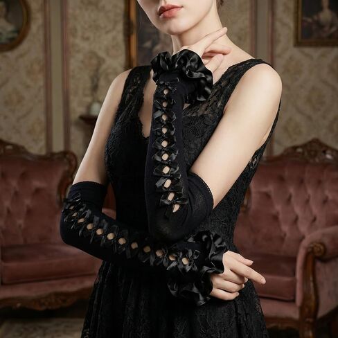 Fingerless Lace Gloves Women Gothic Bowtie Arm Sleeves Y2K for Lolita Dress Mesh Ruffles Lace Arm Sleeves For Wedding in Saudi Arabia