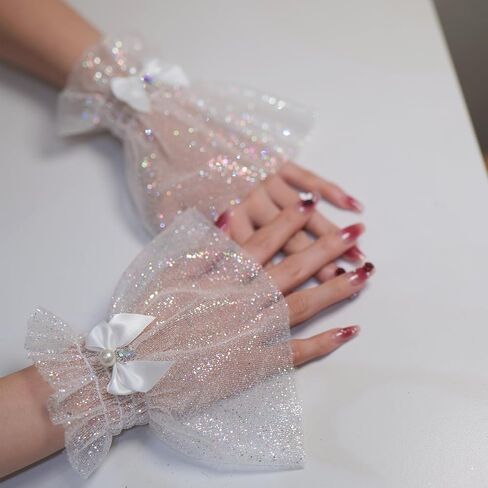 Glitter Tulle Fingerless Wrist Cuffs with Bow, White Sheer Mesh Ruffled Short Gloves, Pearl Rhinestone, Bridal Wedding Prom Cosplay Lolita, 1 Pair in Saudi Arabia