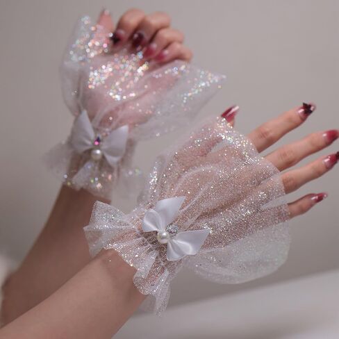 Glitter Tulle Fingerless Wrist Cuffs with Bow, White Sheer Mesh Ruffled Short Gloves, Pearl Rhinestone, Bridal Wedding Prom Cosplay Lolita, 1 Pair in Saudi Arabia
