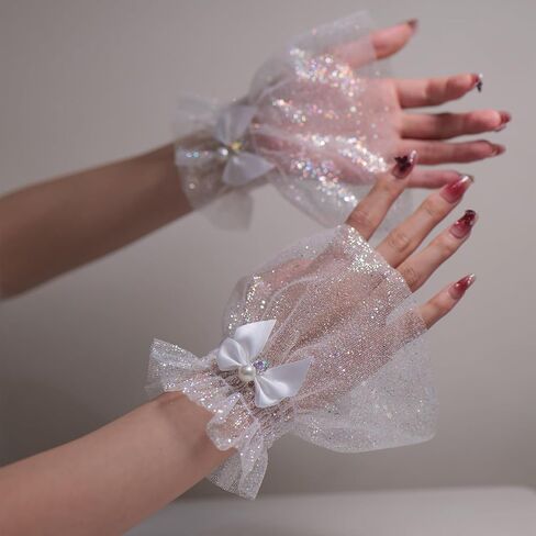 Glitter Tulle Fingerless Wrist Cuffs with Bow, White Sheer Mesh Ruffled Short Gloves, Pearl Rhinestone, Bridal Wedding Prom Cosplay Lolita, 1 Pair in Saudi Arabia