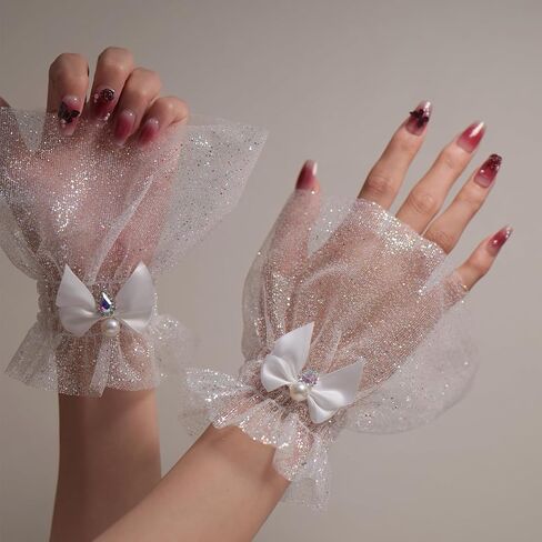 Glitter Tulle Fingerless Wrist Cuffs with Bow, White Sheer Mesh Ruffled Short Gloves, Pearl Rhinestone, Bridal Wedding Prom Cosplay Lolita, 1 Pair in Saudi Arabia