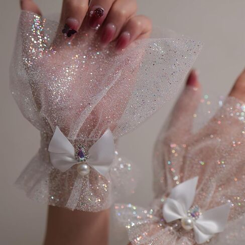 Glitter Tulle Fingerless Wrist Cuffs with Bow, White Sheer Mesh Ruffled Short Gloves, Pearl Rhinestone, Bridal Wedding Prom Cosplay Lolita, 1 Pair in Saudi Arabia