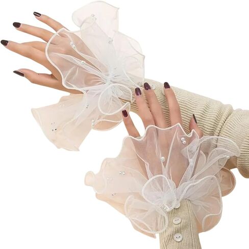 AUOCATTAIL Lace pearl Cuffs Elastic Bracelet Elegant hand Sleeves Women Bride Wedding Party Fake Gloves Accessories in Kuwait