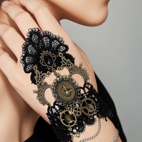 Fingerless Gloves Gothic Victorian Steampunk Wristband Bronze Gears Hand Chains Lace Wristbands Clock Gloves in Kuwait