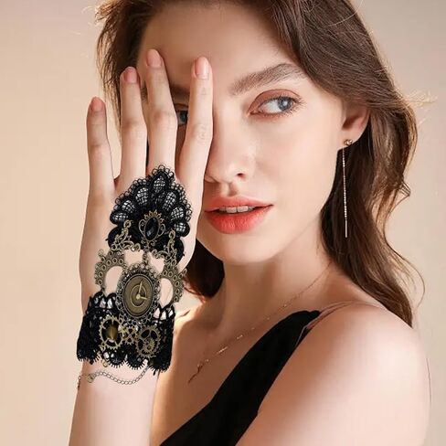 Fingerless Gloves Gothic Victorian Steampunk Wristband Bronze Gears Hand Chains Lace Wristbands Clock Gloves in Kuwait