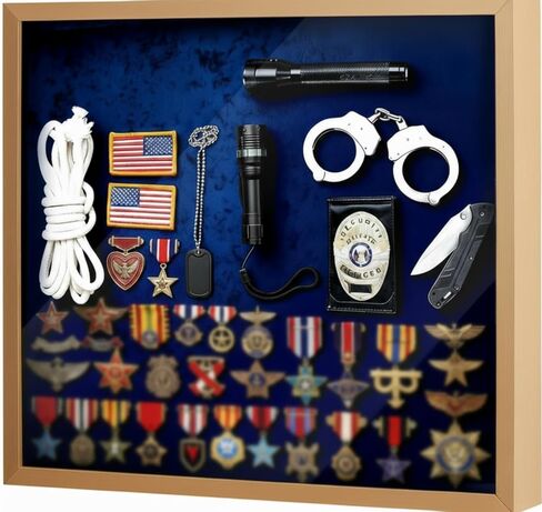 Silipull Military Law Enforcement Memorabilia Shadow Box 20"x18" Police Badge Solid Wood Display Case Awards Medals Wall Mount Case with Blue Embossed Velvet for Police Sheriff in Kuwait
