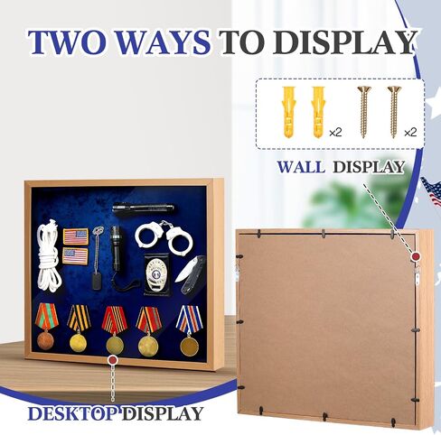 Silipull Military Law Enforcement Memorabilia Shadow Box 20"x18" Police Badge Solid Wood Display Case Awards Medals Wall Mount Case with Blue Embossed Velvet for Police Sheriff in Kuwait