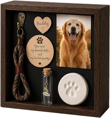 Pet Memorial Shadow Box, Rustic Solid Wood Keepsake Frame with Paw Print Kit, Fur Keepsake Jar & Collar Hook, Sympathy Gift for Dog & Cat Loss, Tabletop or Wall Display in Saudi Arabia