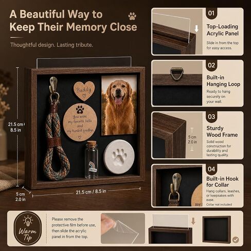 Pet Memorial Shadow Box, Rustic Solid Wood Keepsake Frame with Paw Print Kit, Fur Keepsake Jar & Collar Hook, Sympathy Gift for Dog & Cat Loss, Tabletop or Wall Display in Saudi Arabia