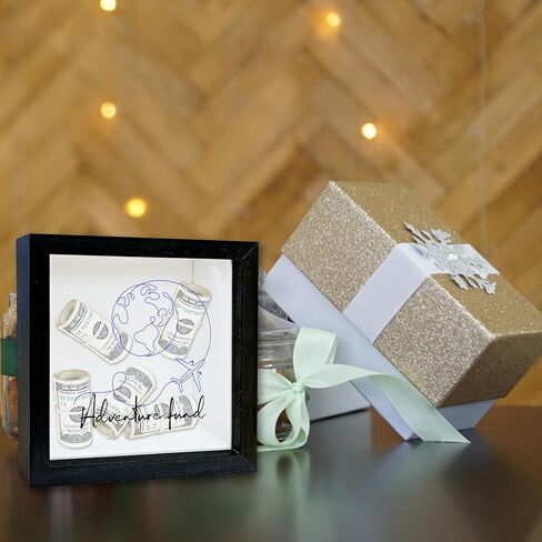 Adventure Fund Black Shadow Box Frame, Honeymoon Fund Box with Slot, Globe Themed Travel Memory Box, Adventure Archive Box Gifts, Decorative Wooden Money Savings, Wedding Gifts for Newlyweds -02 in Saudi Arabia