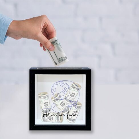Adventure Fund Black Shadow Box Frame, Honeymoon Fund Box with Slot, Globe Themed Travel Memory Box, Adventure Archive Box Gifts, Decorative Wooden Money Savings, Wedding Gifts for Newlyweds -02 in Saudi Arabia