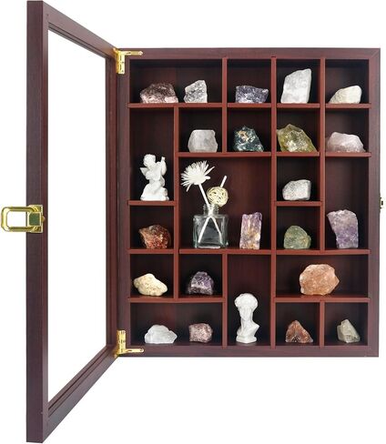 FramePro Rock Display Case - Adjustable Mineral Collection Box with Glass Lid, Wooden Cabinet for Rock, Fossil, Crystal, Seashell Collections - Geology Gift for Adults/Kids (16" x 13.5", Brown) in Saudi Arabia