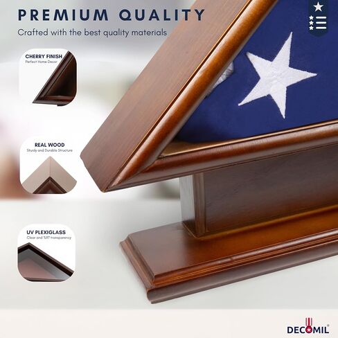 DECOMIL- 5x9 Flag Display Case Shadow Box with Base, Cherry Finish, Name Plate Space, Solid Wood (Regular) in Kuwait