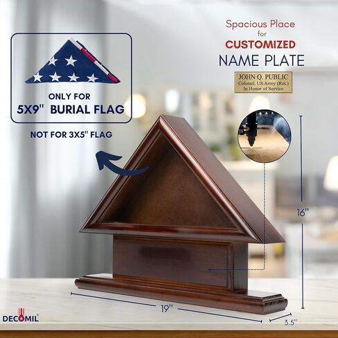 DECOMIL- 5x9 Flag Display Case Shadow Box with Base, Cherry Finish, Name Plate Space, Solid Wood (Regular) in Kuwait
