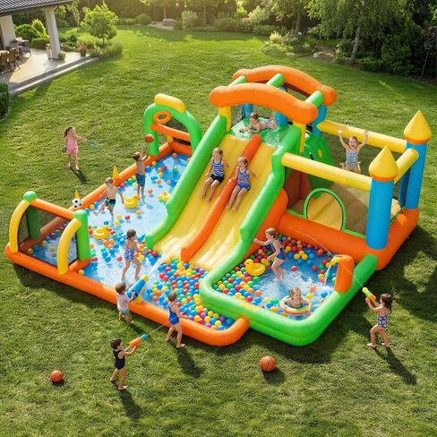 FOOING White Bounce House, Inflatable Bounce House with Air Blower, Jumping Castle Bounce House with Ball Pit for Party, Wedding, Backyard Easy to Set Up, Safe for Family in Kuwait