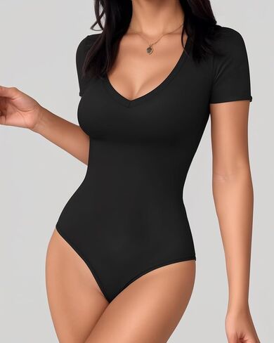 V Neck Bodysuits for Women Short Sleeve Body Suits Basic Top Casual Shirt in Kuwait