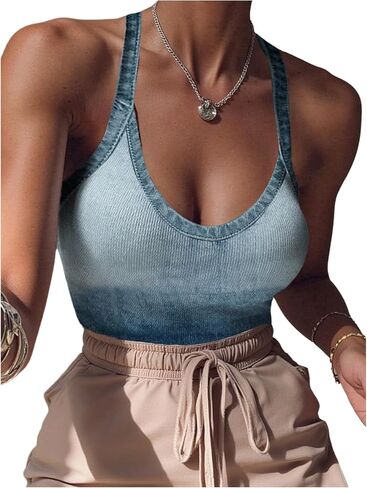 RoseSeek Women's Denim Ombre Printed Thong Bodysuit Tops Low Cut Y2k Streetwear Going Out Body Suits in Kuwait